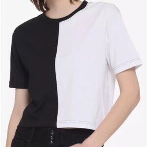 .Black & White Split Crop T-Shirt from HOT TOPIC